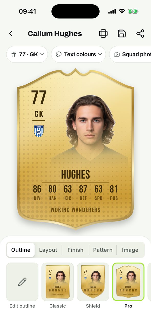 Card editor showing a gold player card with ratings