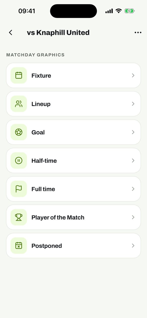 The matchday screen listing every graphic for the match