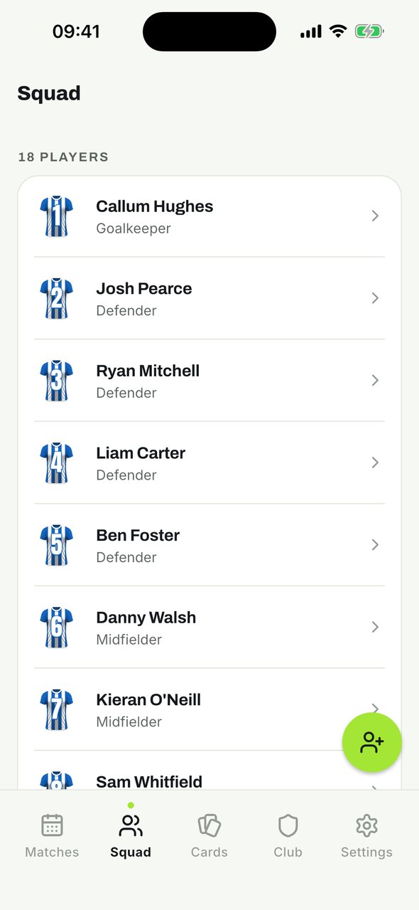 The Squad screen listing players with shirt numbers and positions